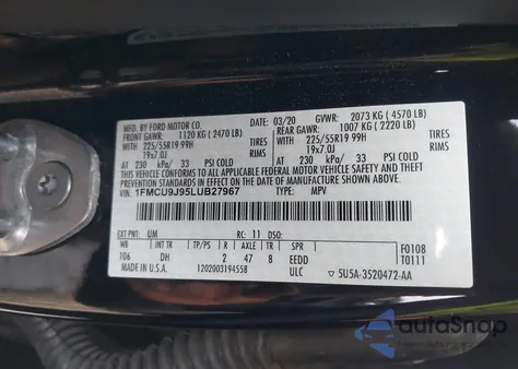 2020 Ford Escape Titanium z USA, uszkodzony, nr VIN 1FMCU9J95LUB27967